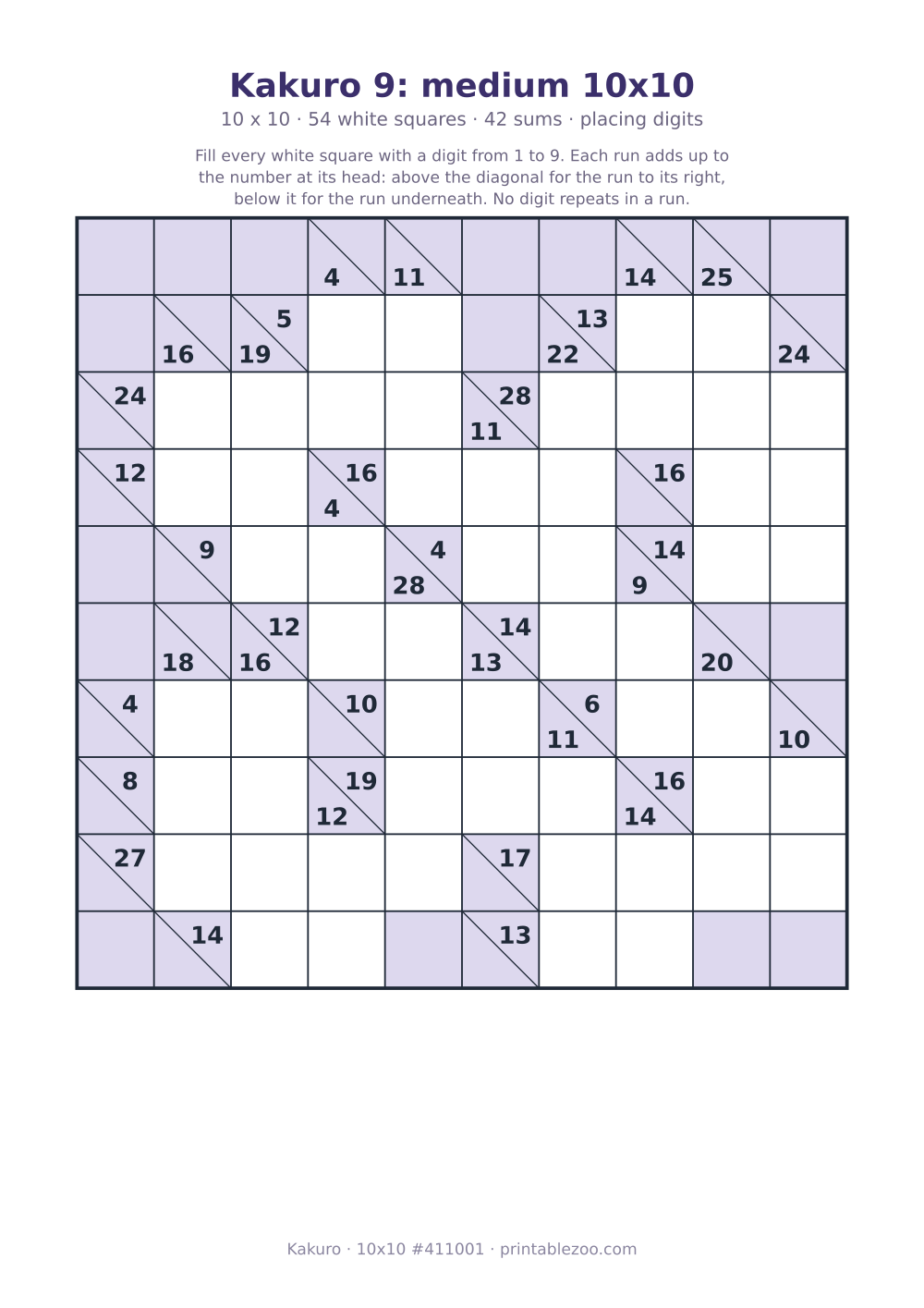 Printable kakuro puzzle, 10x10 with 54 white squares and 42 sums, placing digits, puzzle 411001