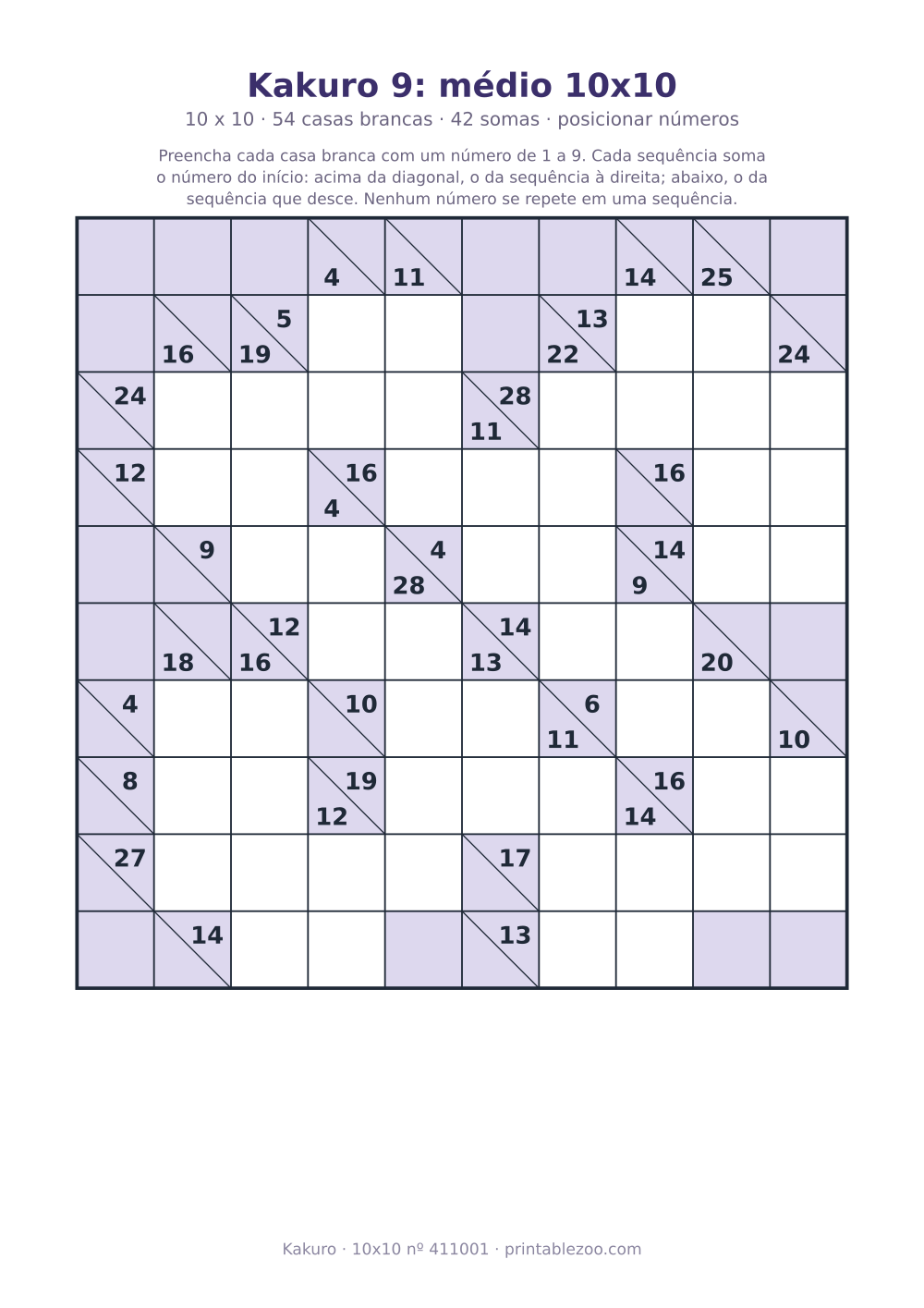 Kakuro para imprimir de 10x10, 54 casas brancas e 42 somas, nível posicionar números, desafio 411001