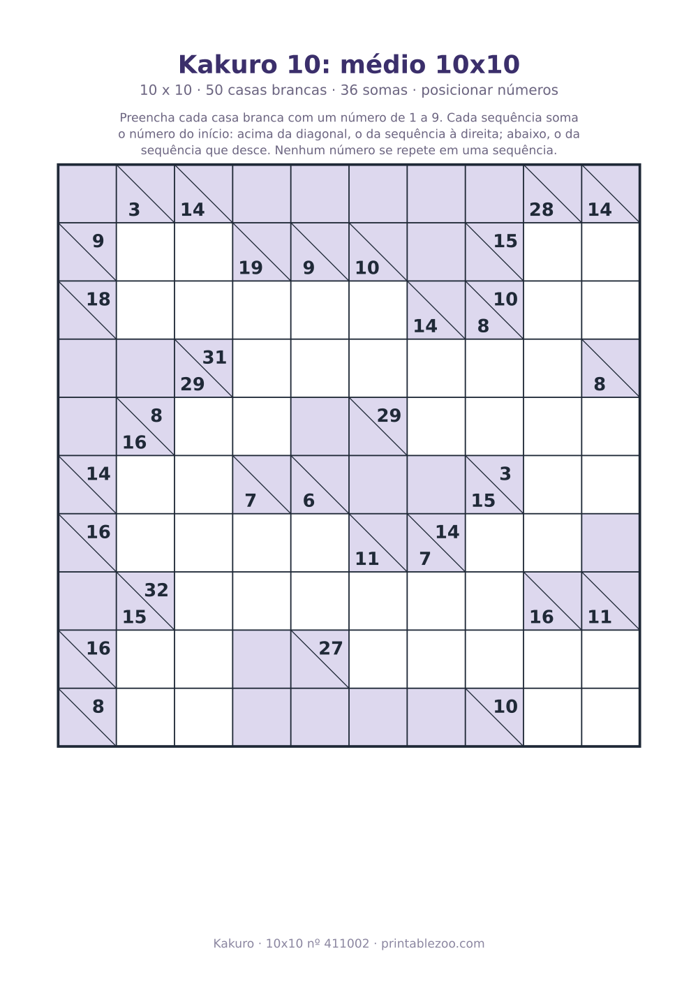 Kakuro para imprimir de 10x10, 50 casas brancas e 36 somas, nível posicionar números, desafio 411002