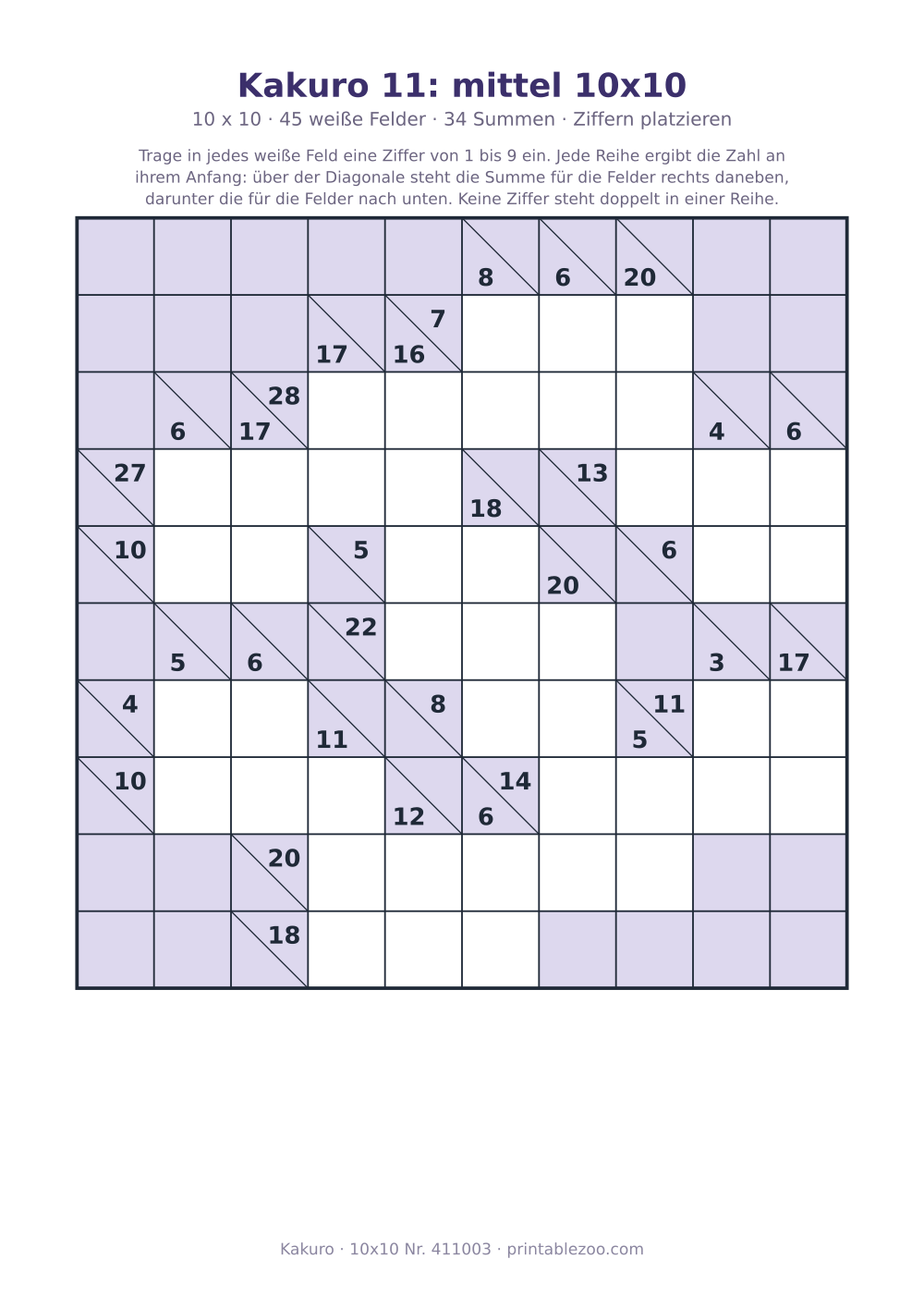 Kakuro zum Ausdrucken, 10x10 mit 45 weißen Feldern und 34 Summen, Stufe Ziffern platzieren, Rätsel 411003