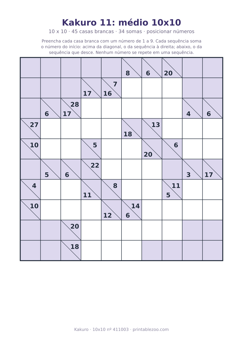 Kakuro para imprimir de 10x10, 45 casas brancas e 34 somas, nível posicionar números, desafio 411003