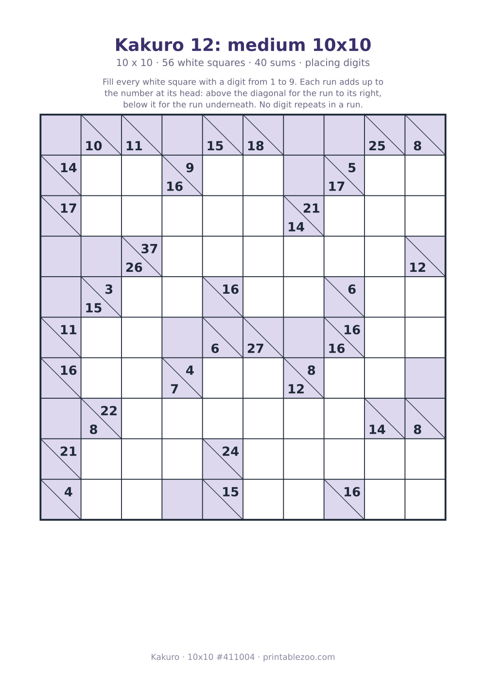 Printable kakuro puzzle, 10x10 with 56 white squares and 40 sums, placing digits, puzzle 411004
