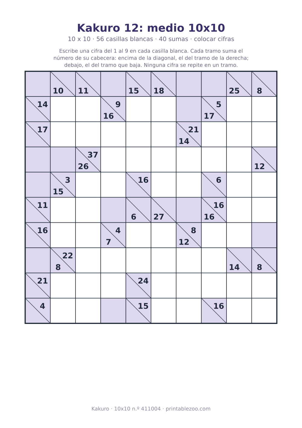 Kakuro para imprimir de 10x10, 56 casillas blancas y 40 sumas, nivel colocar cifras, pasatiempo 411004
