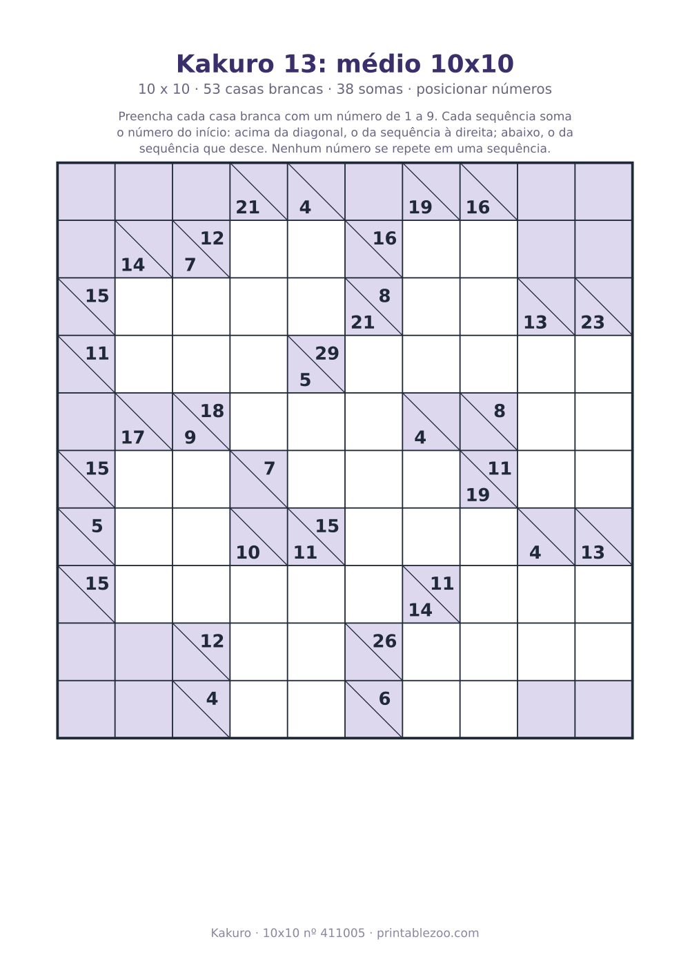 Kakuro para imprimir de 10x10, 53 casas brancas e 38 somas, nível posicionar números, desafio 411005