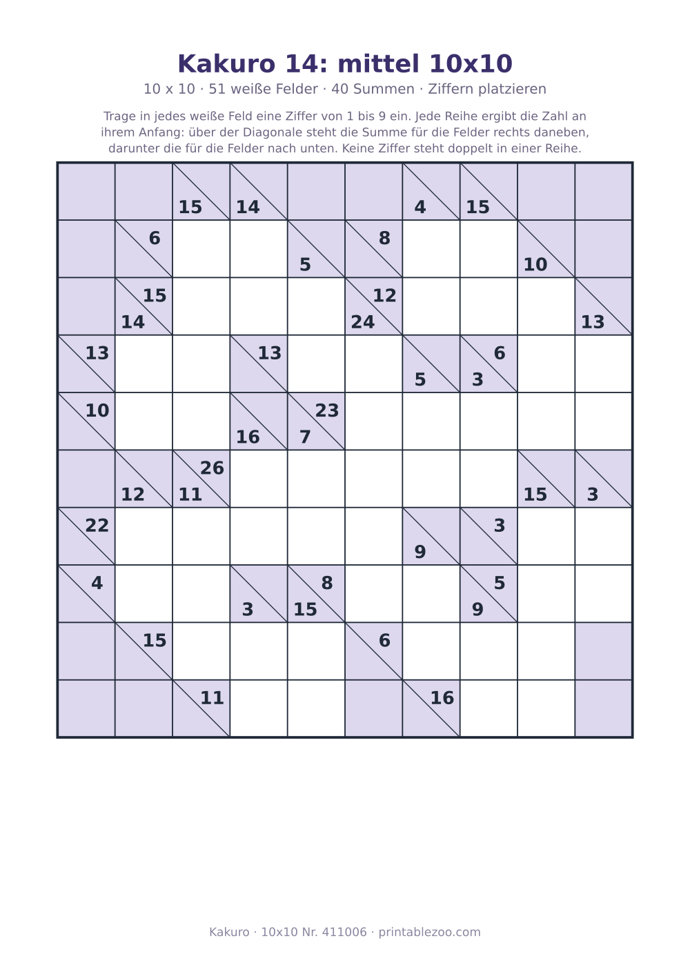 Kakuro zum Ausdrucken, 10x10 mit 51 weißen Feldern und 40 Summen, Stufe Ziffern platzieren, Rätsel 411006