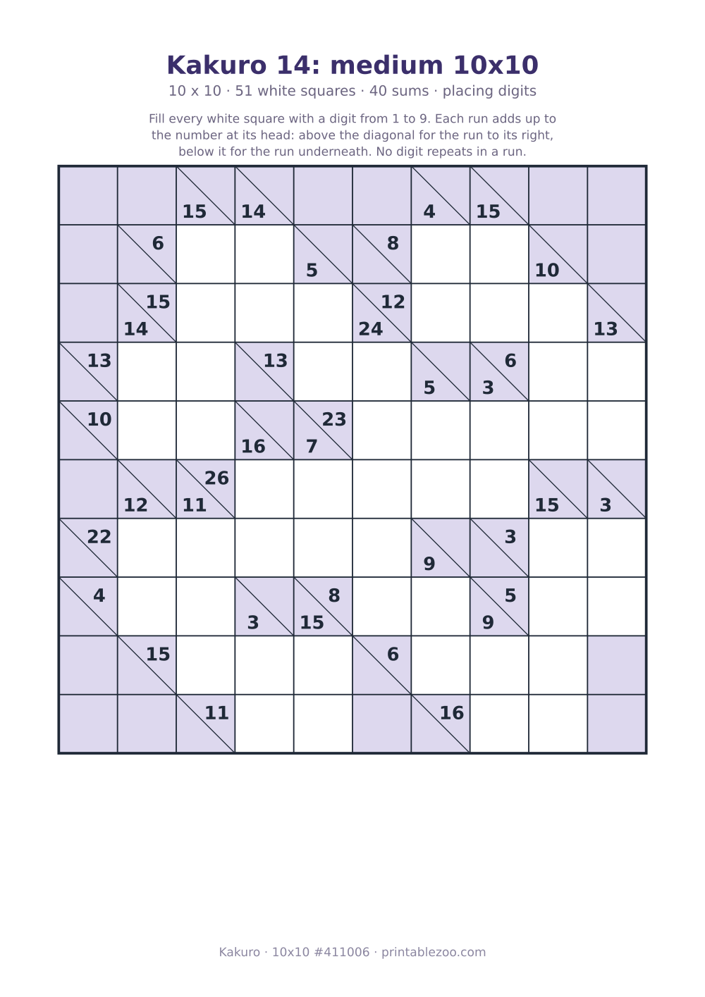 Printable kakuro puzzle, 10x10 with 51 white squares and 40 sums, placing digits, puzzle 411006