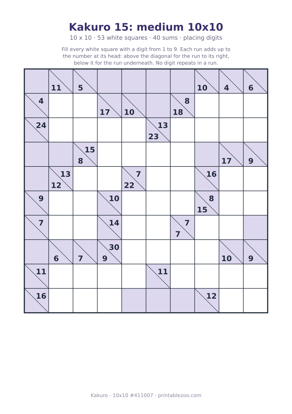 Printable kakuro puzzle, 10x10 with 53 white squares and 40 sums, placing digits, puzzle 411007
