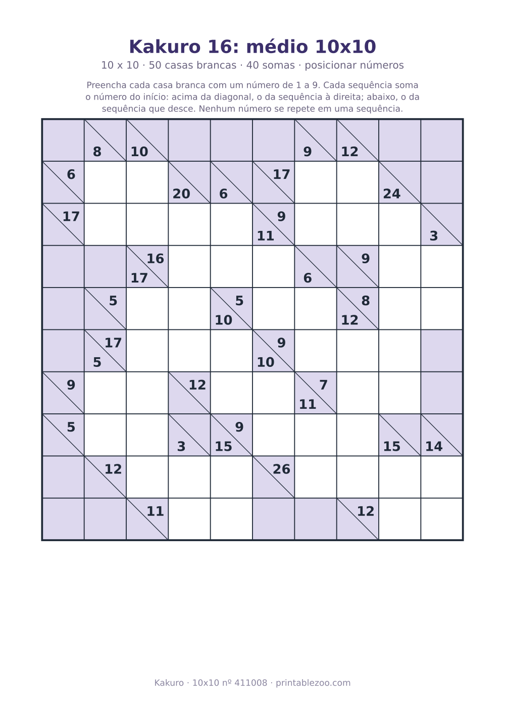 Kakuro para imprimir de 10x10, 50 casas brancas e 40 somas, nível posicionar números, desafio 411008