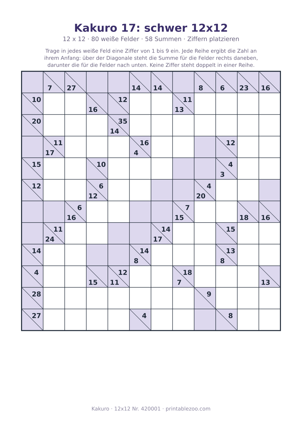 Kakuro zum Ausdrucken, 12x12 mit 80 weißen Feldern und 58 Summen, Stufe Ziffern platzieren, Rätsel 420001