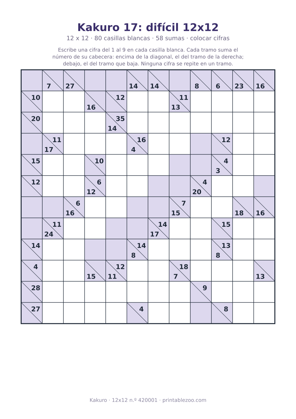 Kakuro para imprimir de 12x12, 80 casillas blancas y 58 sumas, nivel colocar cifras, pasatiempo 420001