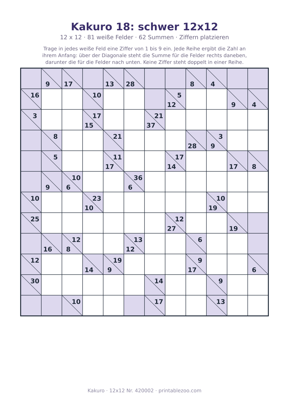 Kakuro zum Ausdrucken, 12x12 mit 81 weißen Feldern und 62 Summen, Stufe Ziffern platzieren, Rätsel 420002