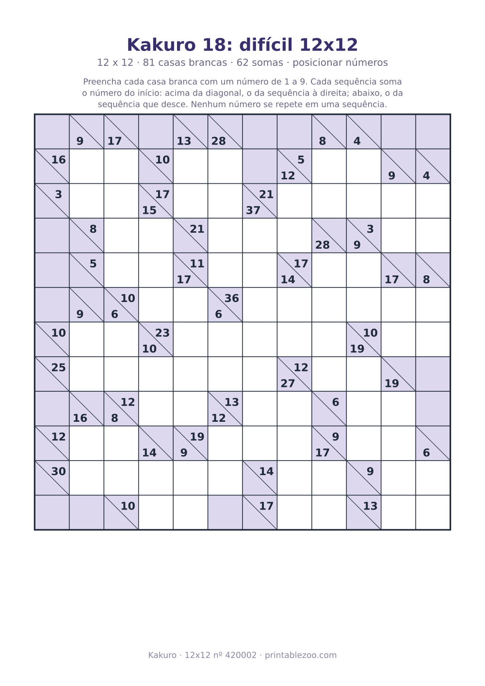Kakuro para imprimir de 12x12, 81 casas brancas e 62 somas, nível posicionar números, desafio 420002