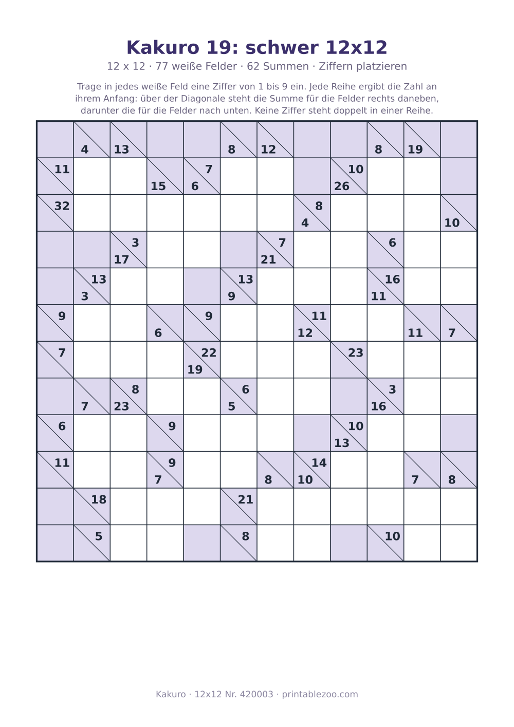 Kakuro zum Ausdrucken, 12x12 mit 77 weißen Feldern und 62 Summen, Stufe Ziffern platzieren, Rätsel 420003