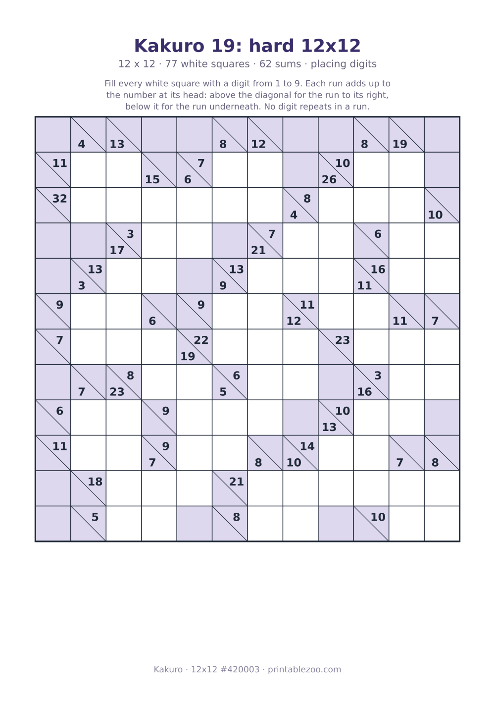 Printable kakuro puzzle, 12x12 with 77 white squares and 62 sums, placing digits, puzzle 420003