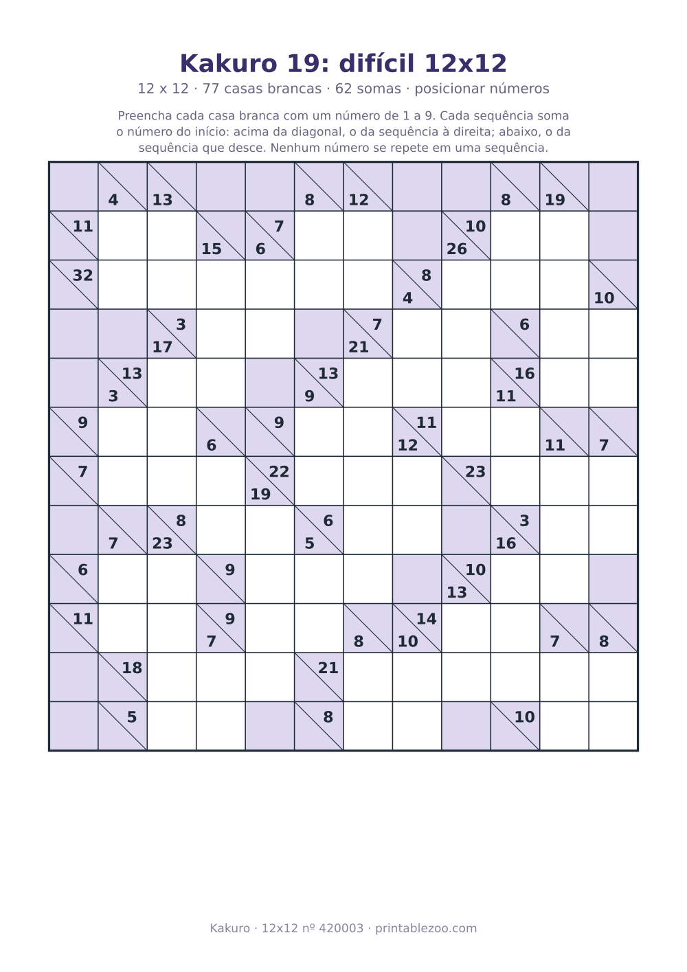 Kakuro para imprimir de 12x12, 77 casas brancas e 62 somas, nível posicionar números, desafio 420003