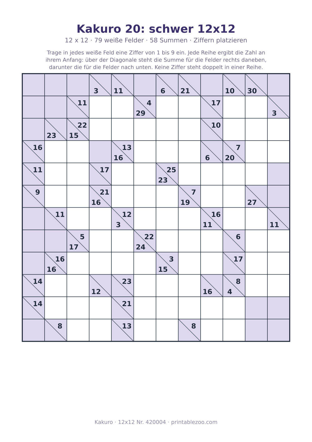 Kakuro zum Ausdrucken, 12x12 mit 79 weißen Feldern und 58 Summen, Stufe Ziffern platzieren, Rätsel 420004