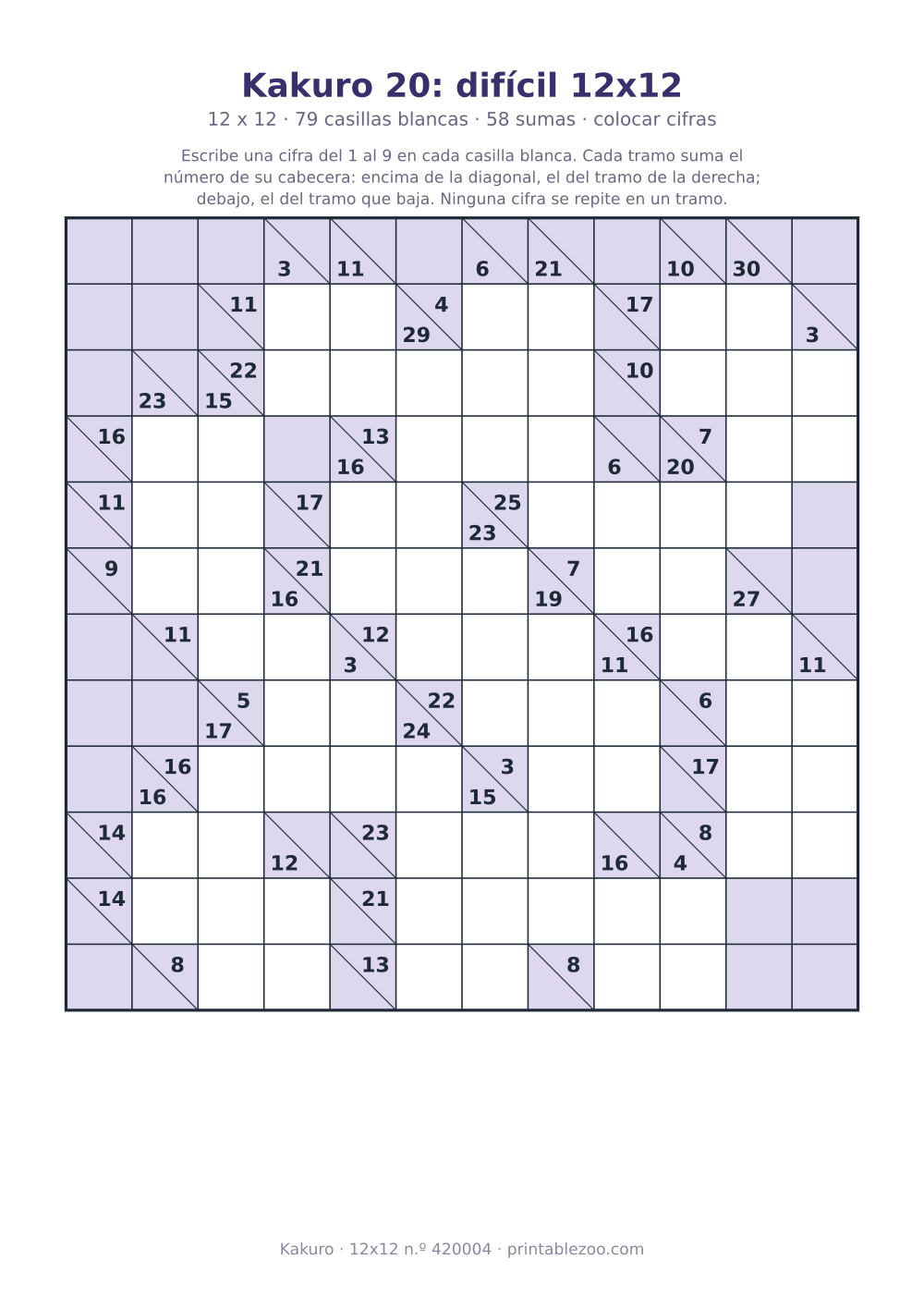 Kakuro para imprimir de 12x12, 79 casillas blancas y 58 sumas, nivel colocar cifras, pasatiempo 420004