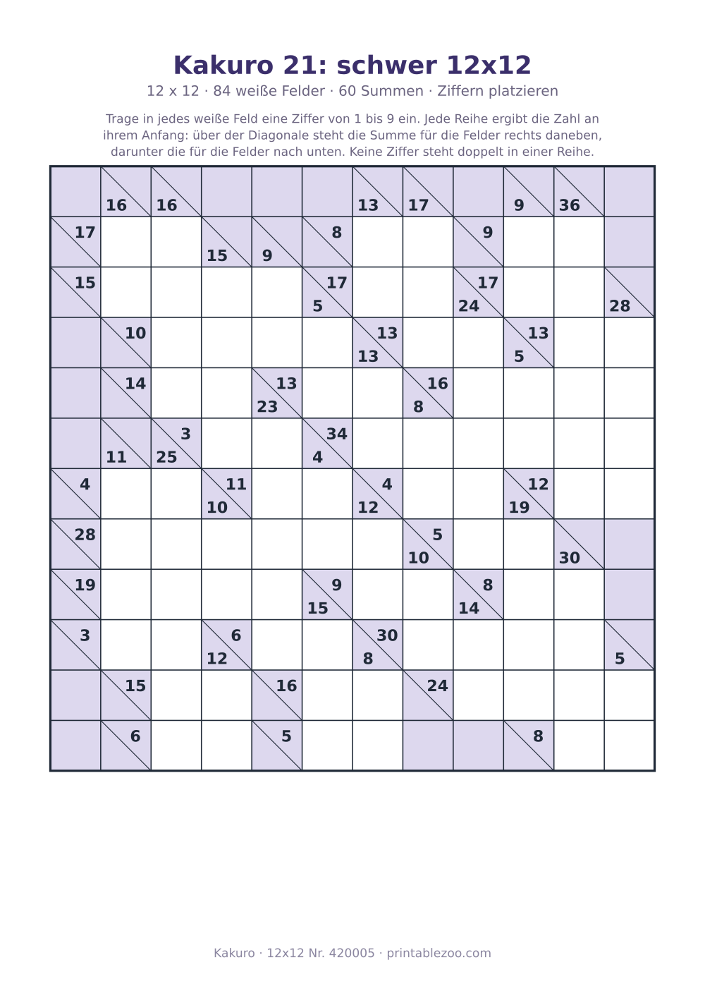 Kakuro zum Ausdrucken, 12x12 mit 84 weißen Feldern und 60 Summen, Stufe Ziffern platzieren, Rätsel 420005