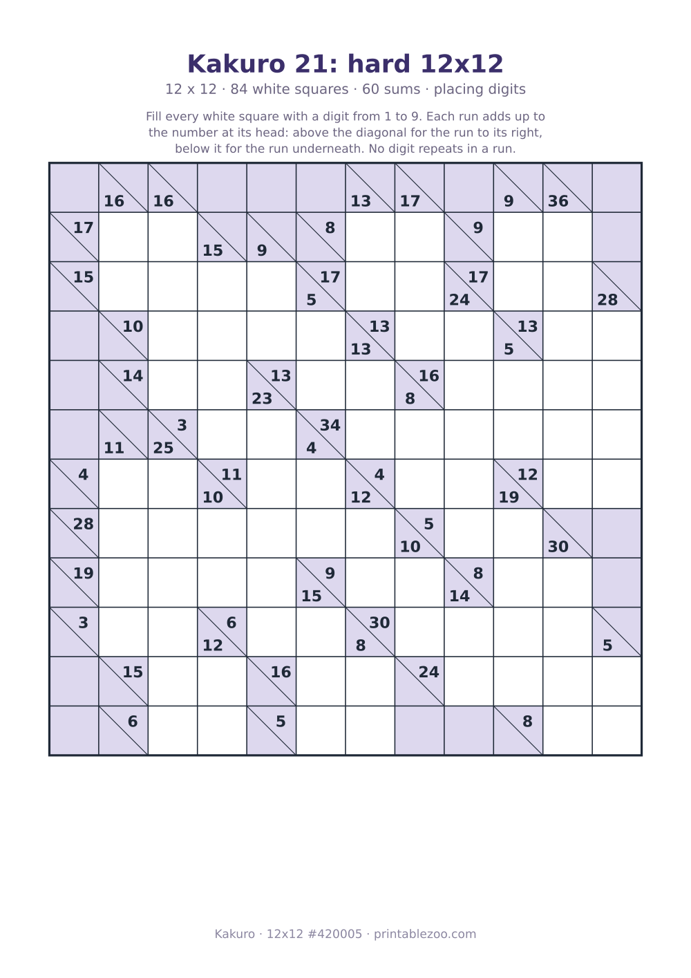 Printable kakuro puzzle, 12x12 with 84 white squares and 60 sums, placing digits, puzzle 420005