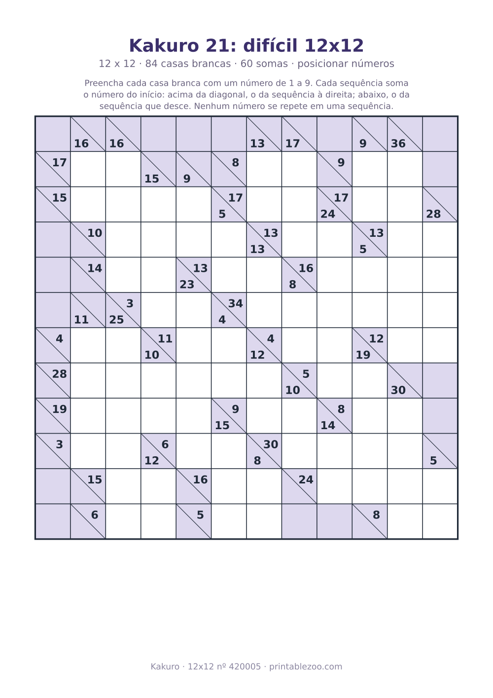 Kakuro para imprimir de 12x12, 84 casas brancas e 60 somas, nível posicionar números, desafio 420005