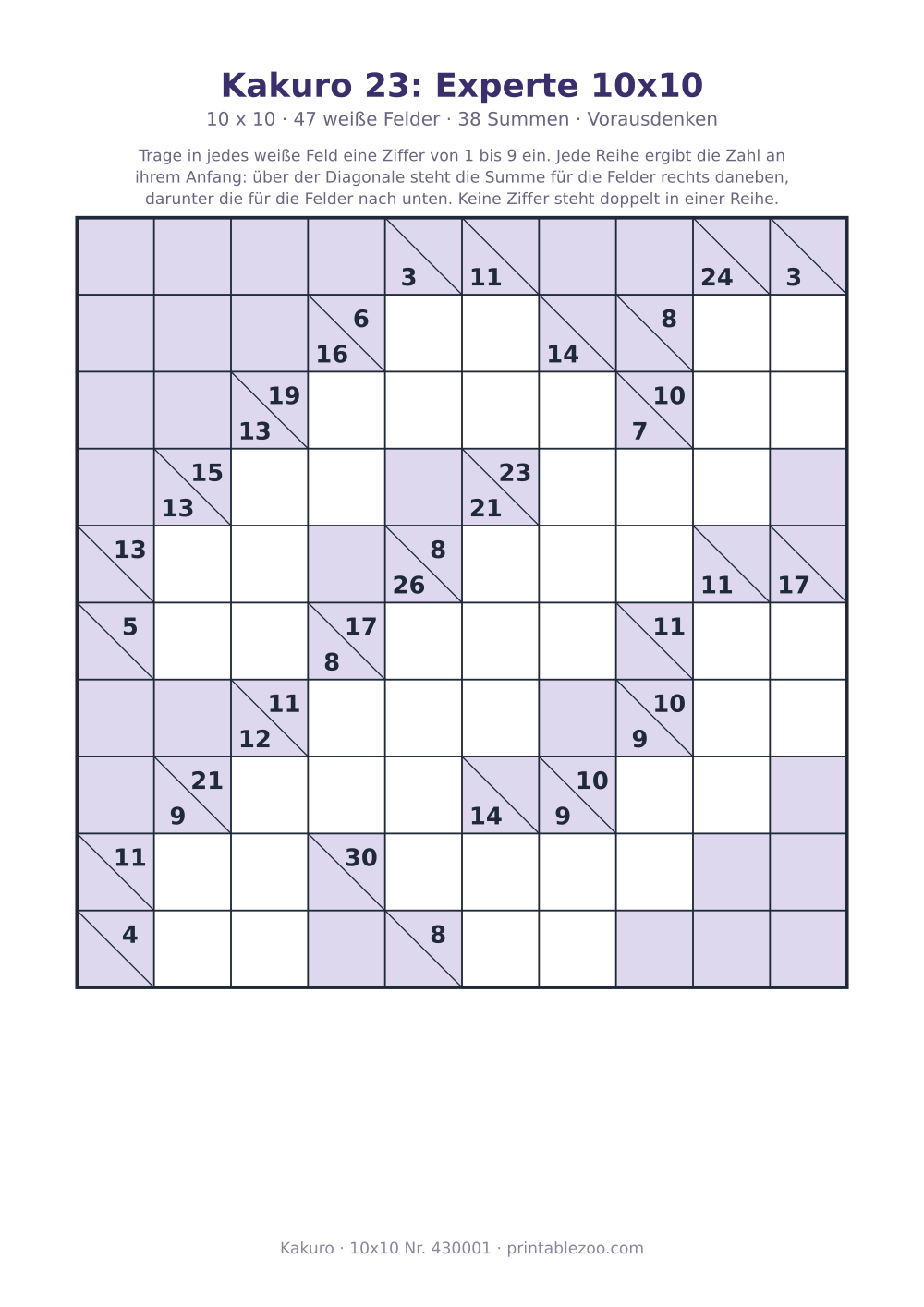 Kakuro zum Ausdrucken, 10x10 mit 47 weißen Feldern und 38 Summen, Stufe Vorausdenken, Rätsel 430001