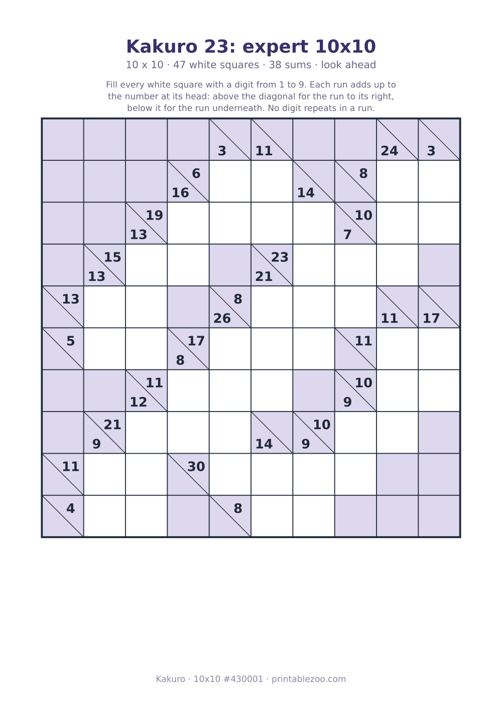 Printable kakuro puzzle, 10x10 with 47 white squares and 38 sums, look ahead, puzzle 430001