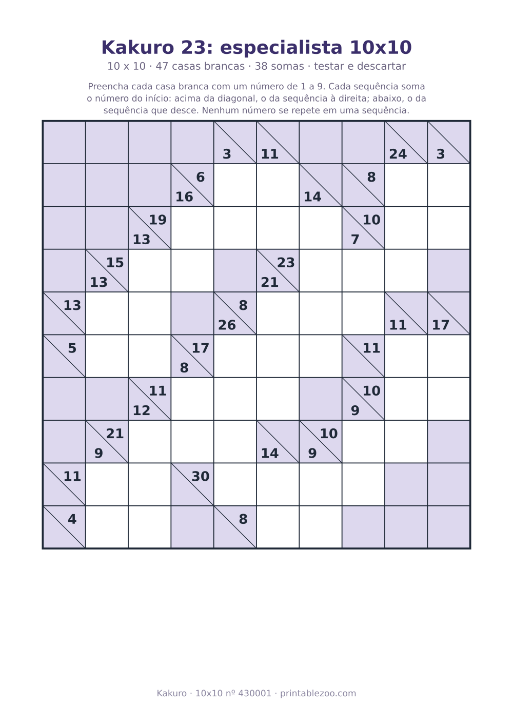 Kakuro para imprimir de 10x10, 47 casas brancas e 38 somas, nível testar e descartar, desafio 430001