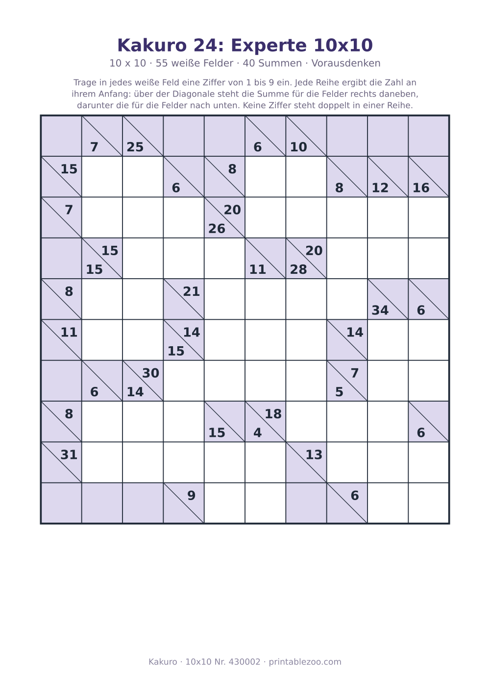 Kakuro zum Ausdrucken, 10x10 mit 55 weißen Feldern und 40 Summen, Stufe Vorausdenken, Rätsel 430002