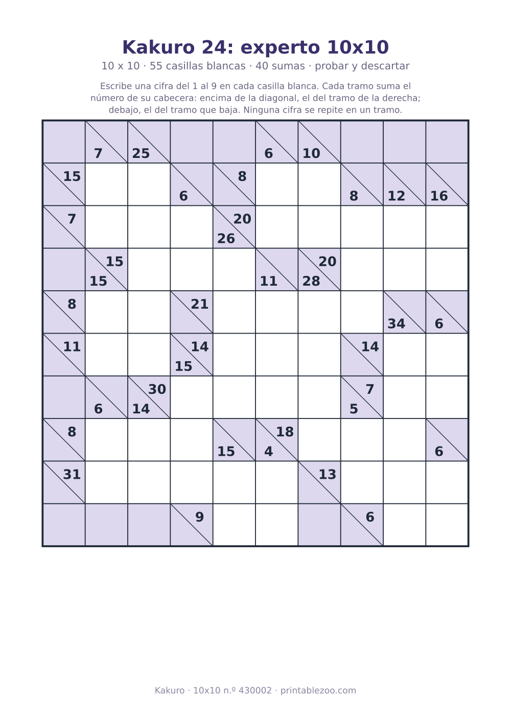 Kakuro para imprimir de 10x10, 55 casillas blancas y 40 sumas, nivel probar y descartar, pasatiempo 430002