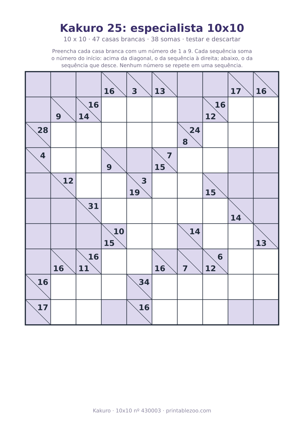 Kakuro para imprimir de 10x10, 47 casas brancas e 38 somas, nível testar e descartar, desafio 430003