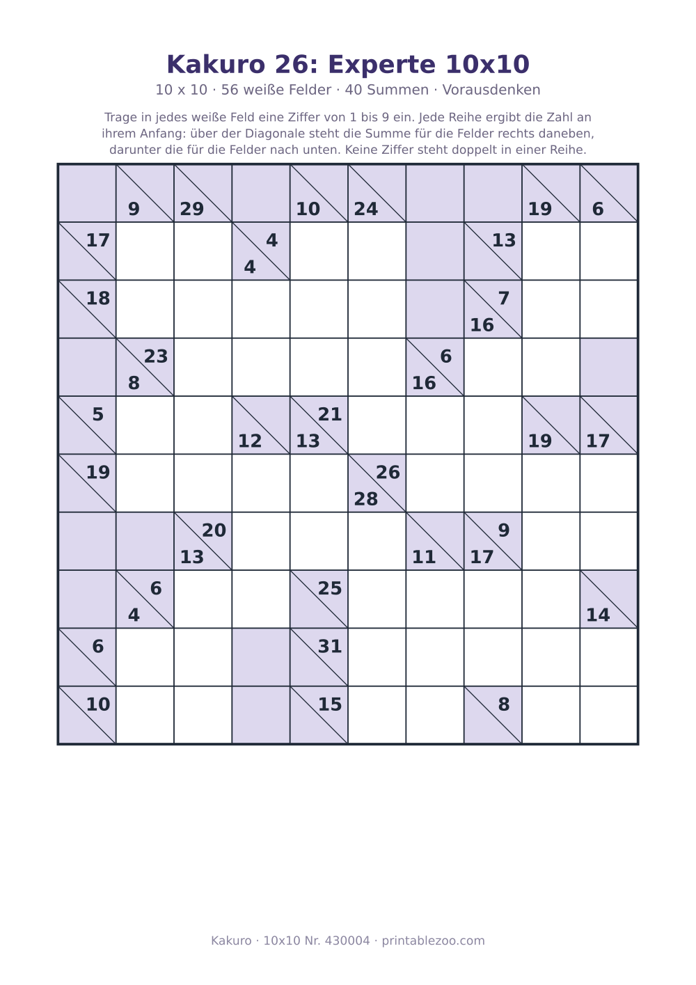 Kakuro zum Ausdrucken, 10x10 mit 56 weißen Feldern und 40 Summen, Stufe Vorausdenken, Rätsel 430004