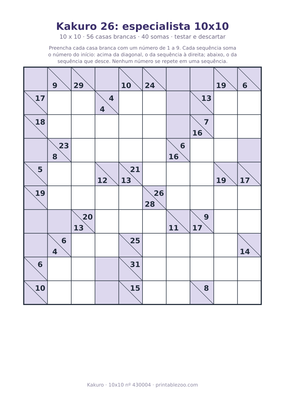 Kakuro para imprimir de 10x10, 56 casas brancas e 40 somas, nível testar e descartar, desafio 430004