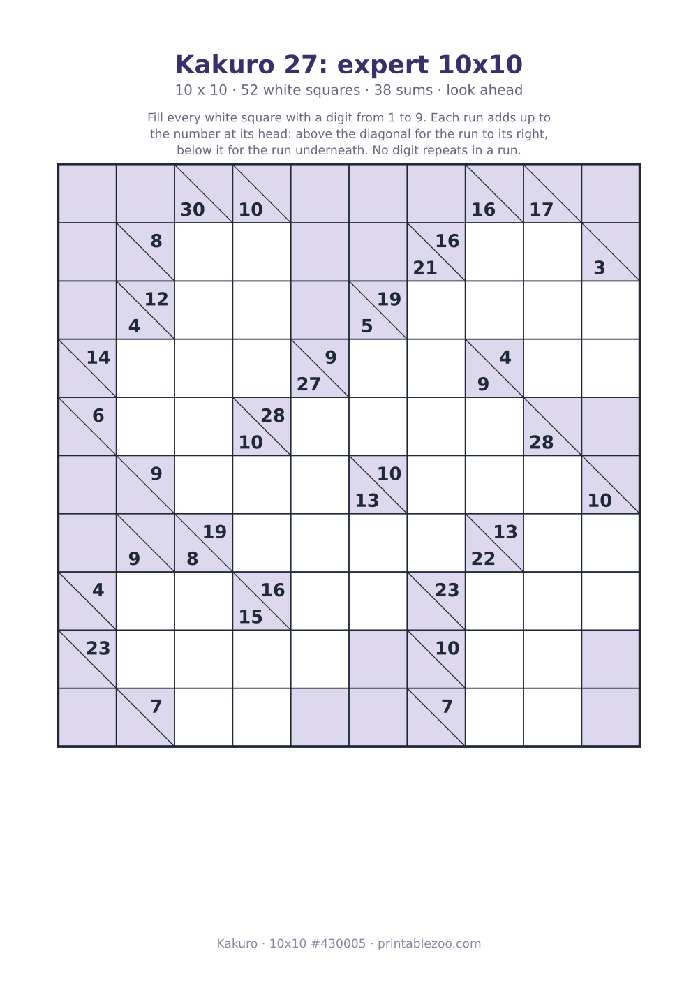 Printable kakuro puzzle, 10x10 with 52 white squares and 38 sums, look ahead, puzzle 430005