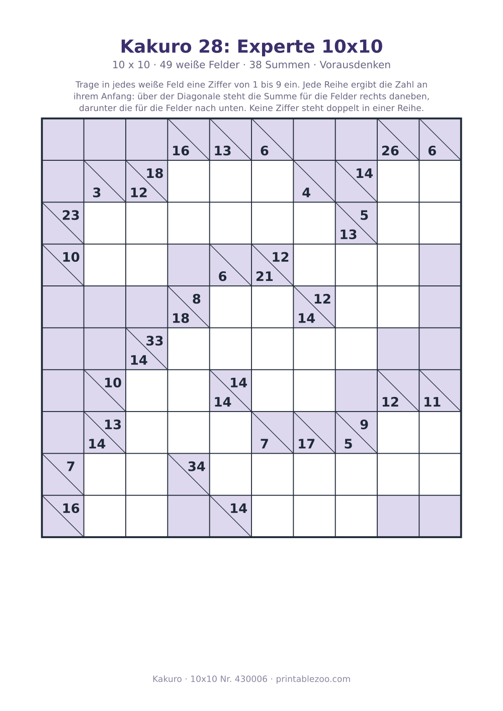 Kakuro zum Ausdrucken, 10x10 mit 49 weißen Feldern und 38 Summen, Stufe Vorausdenken, Rätsel 430006