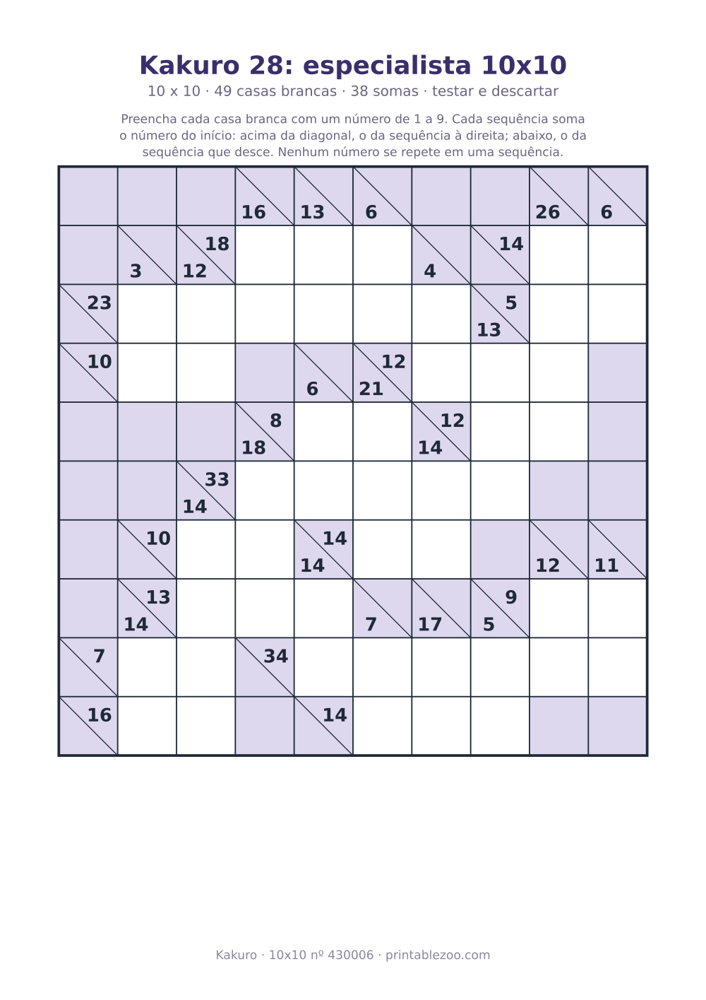 Kakuro para imprimir de 10x10, 49 casas brancas e 38 somas, nível testar e descartar, desafio 430006
