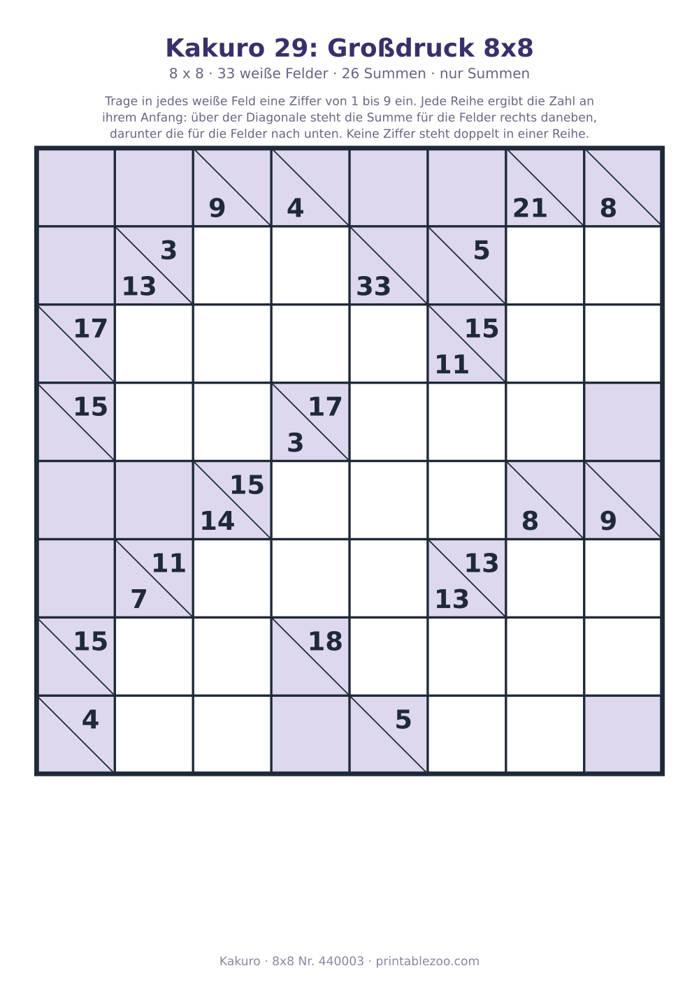 Kakuro zum Ausdrucken im Großdruck, 8x8 mit 33 weißen Feldern und 26 Summen, Rätsel 440003