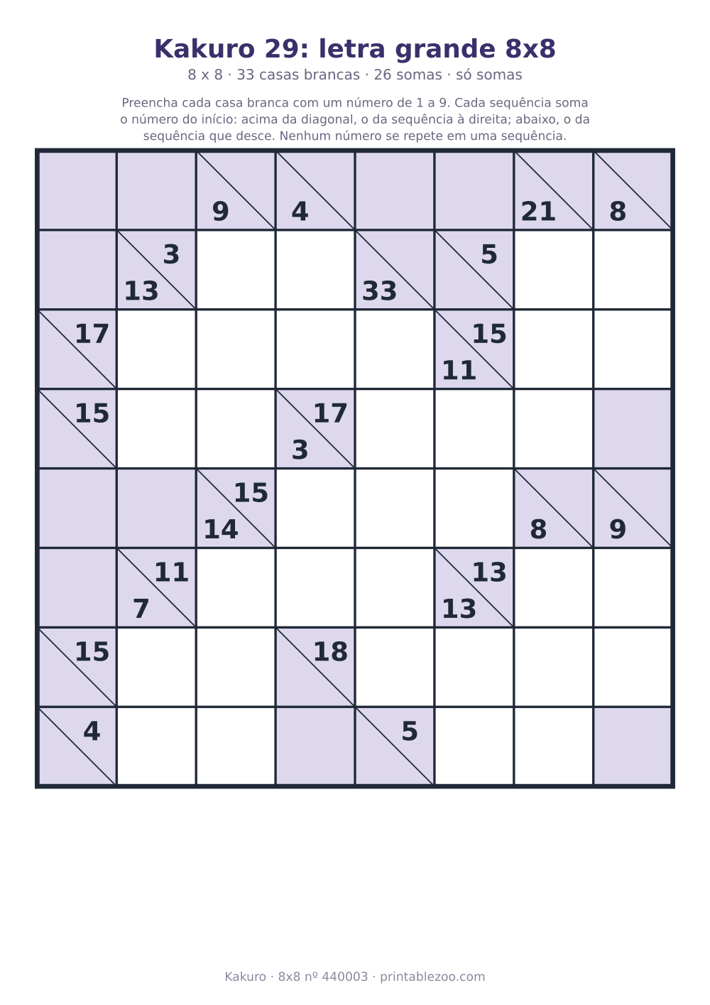 Kakuro para imprimir em letra grande, 8x8 com 33 casas brancas e 26 somas, desafio 440003