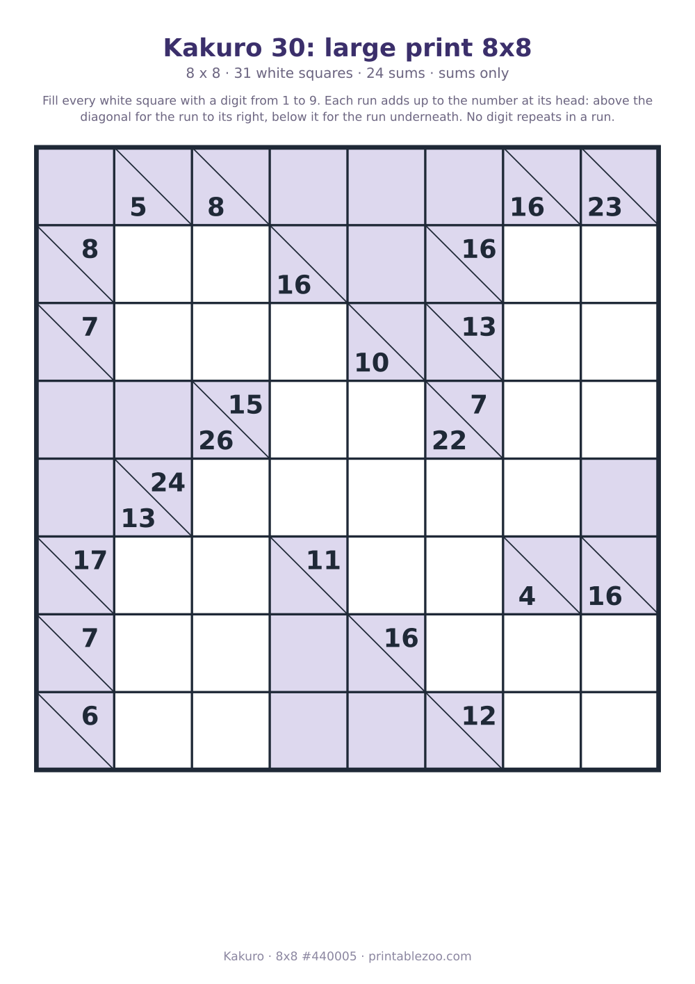 Large print kakuro printable, 8x8 with 31 white squares and 24 sums, puzzle 440005