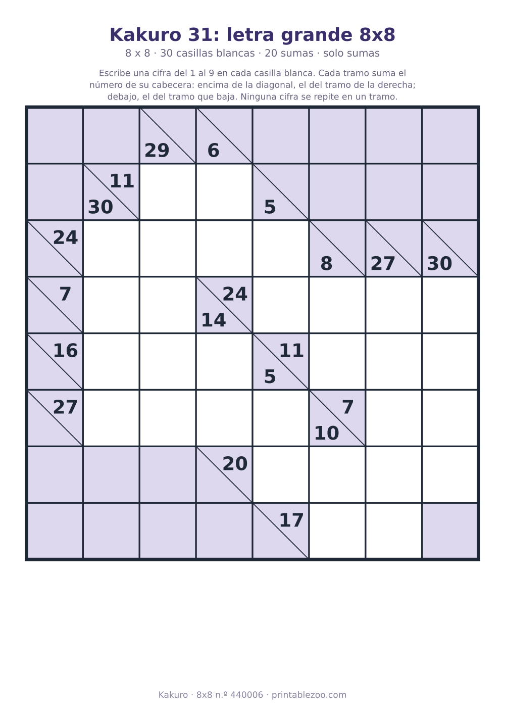 Kakuro para imprimir en letra grande, 8x8 con 30 casillas blancas y 20 sumas, pasatiempo 440006