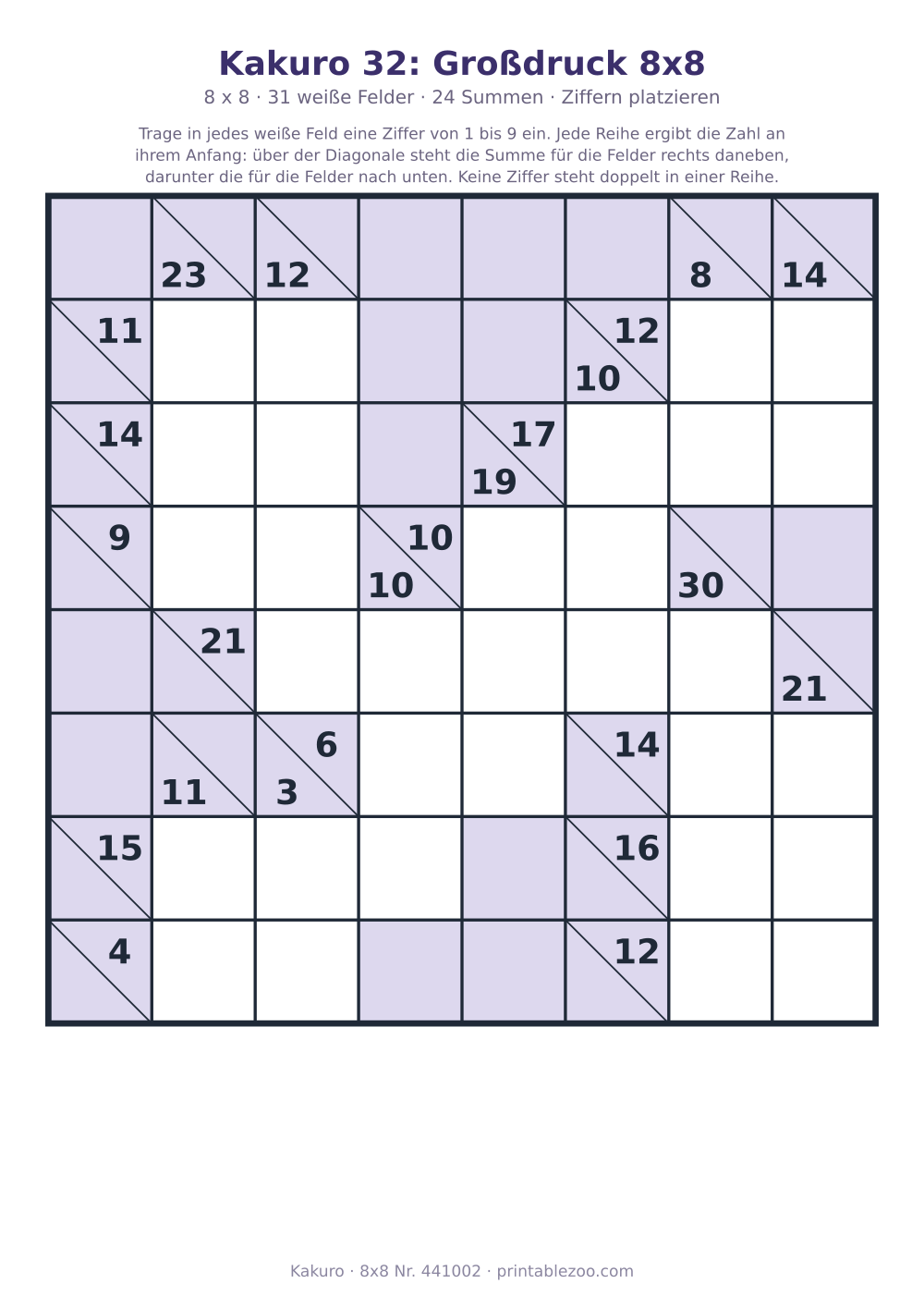 Kakuro zum Ausdrucken im Großdruck, 8x8 mit 31 weißen Feldern und 24 Summen, Rätsel 441002