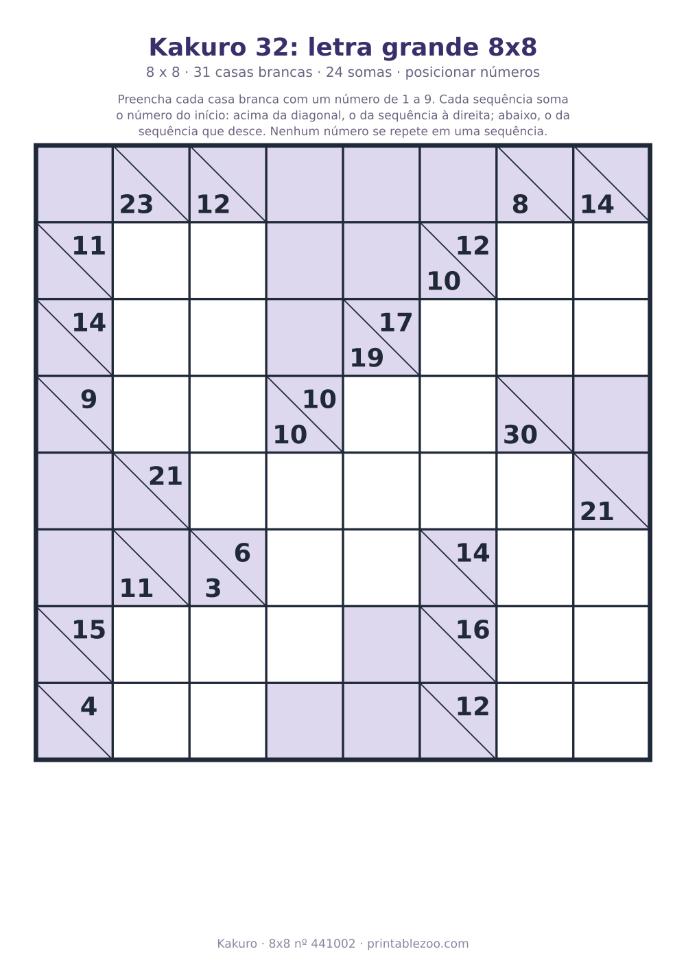 Kakuro para imprimir em letra grande, 8x8 com 31 casas brancas e 24 somas, desafio 441002