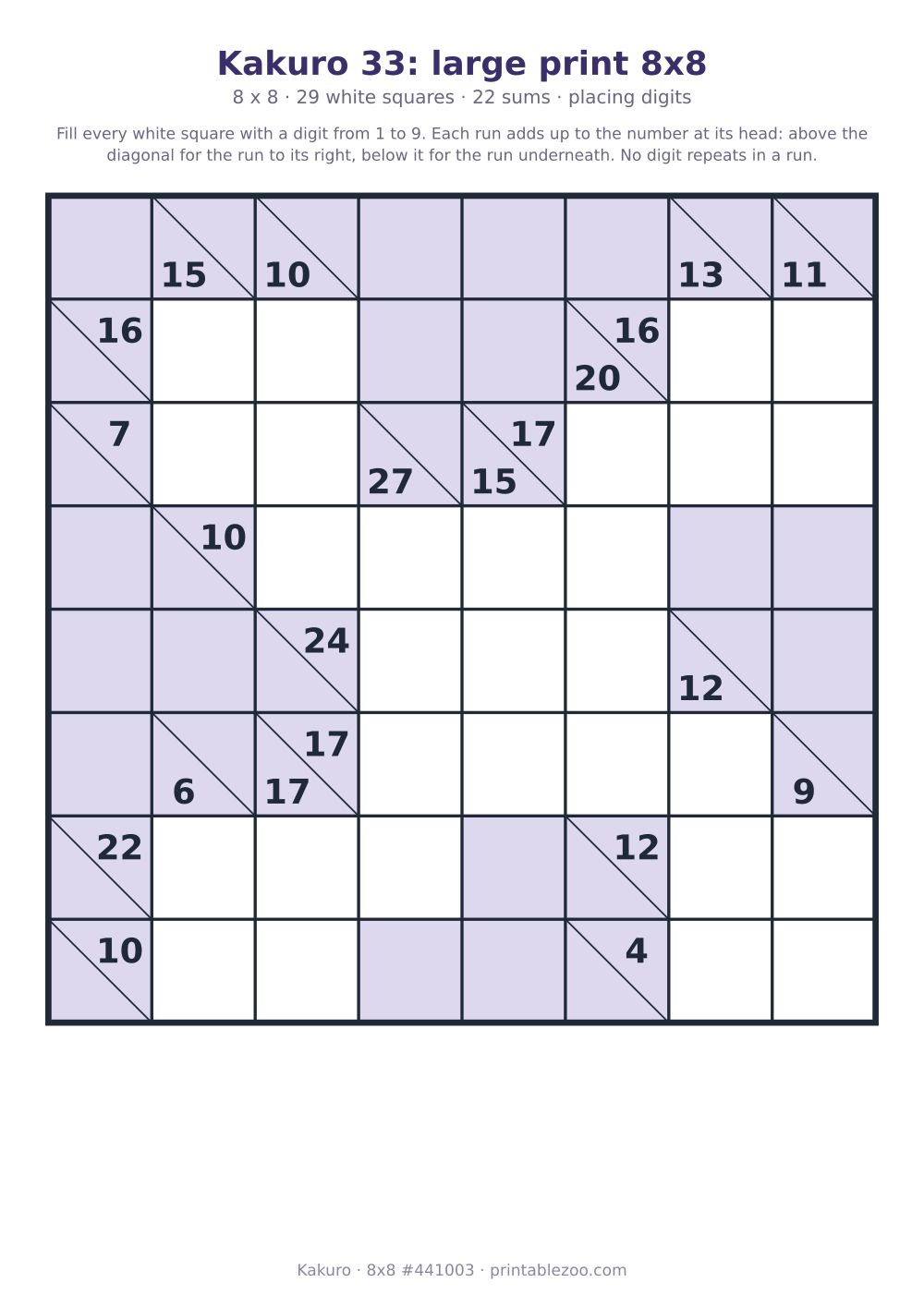 Large print kakuro printable, 8x8 with 29 white squares and 22 sums, puzzle 441003