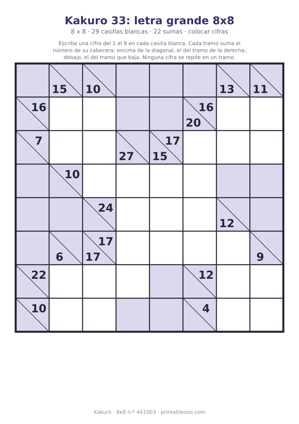 Kakuro para imprimir en letra grande, 8x8 con 29 casillas blancas y 22 sumas, pasatiempo 441003
