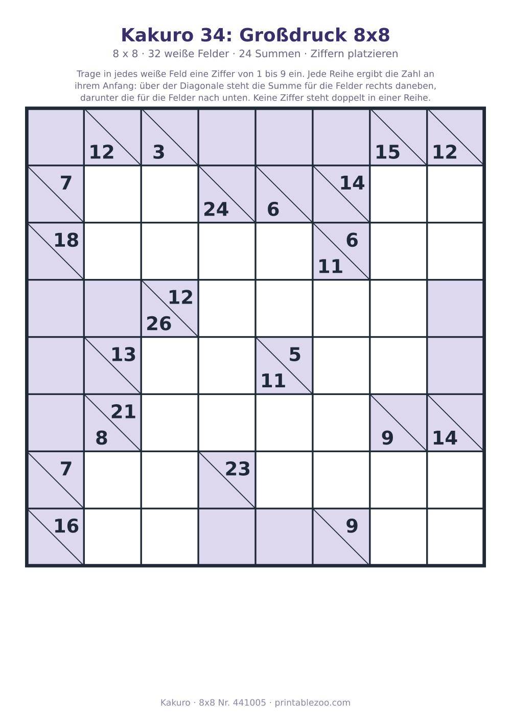Kakuro zum Ausdrucken im Großdruck, 8x8 mit 32 weißen Feldern und 24 Summen, Rätsel 441005