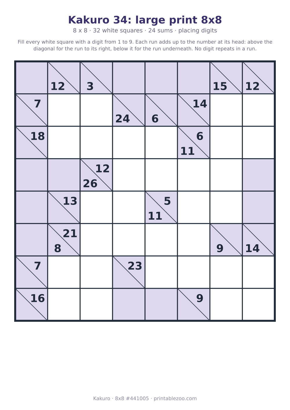 Large print kakuro printable, 8x8 with 32 white squares and 24 sums, puzzle 441005