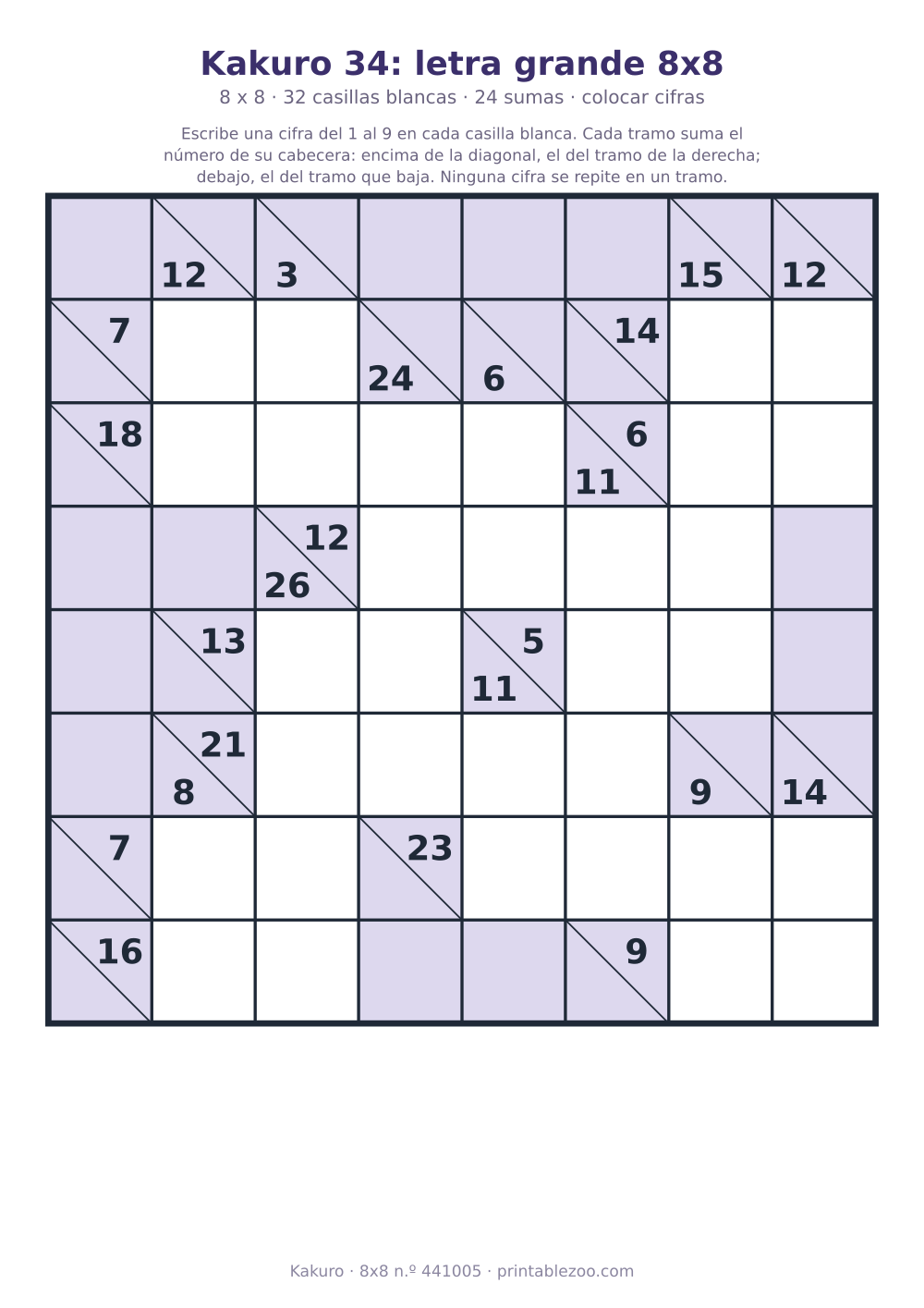 Kakuro para imprimir en letra grande, 8x8 con 32 casillas blancas y 24 sumas, pasatiempo 441005
