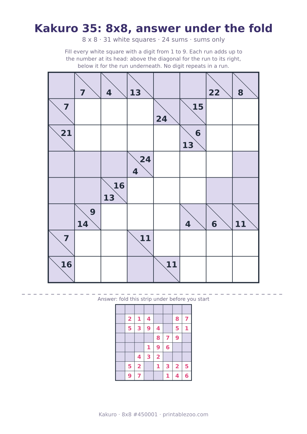 Printable kakuro, 8x8 with the answer under a fold line, 31 white squares, puzzle 450001
