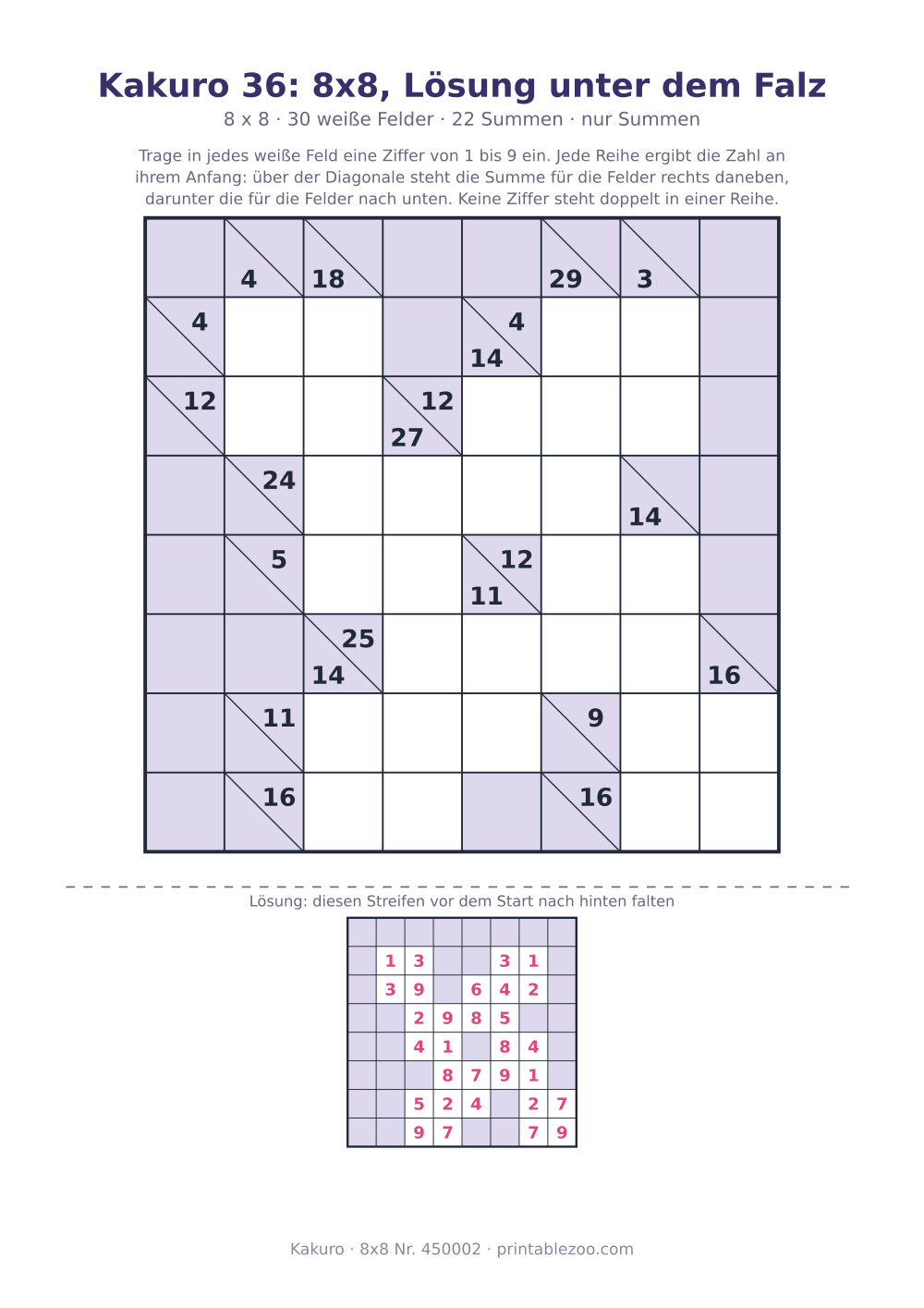 Kakuro zum Ausdrucken, 8x8 mit Lösung unter dem Falz, 30 weiße Felder, Rätsel 450002