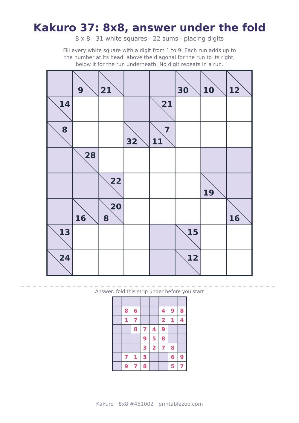 Printable kakuro, 8x8 with the answer under a fold line, 31 white squares, puzzle 451002