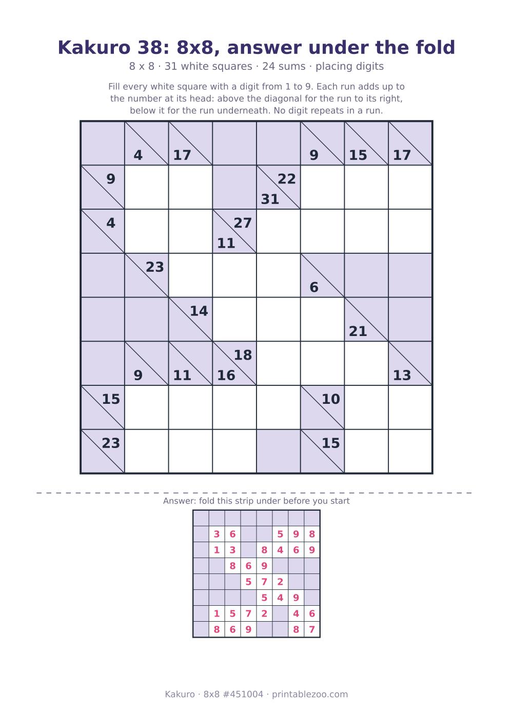 Printable kakuro, 8x8 with the answer under a fold line, 31 white squares, puzzle 451004